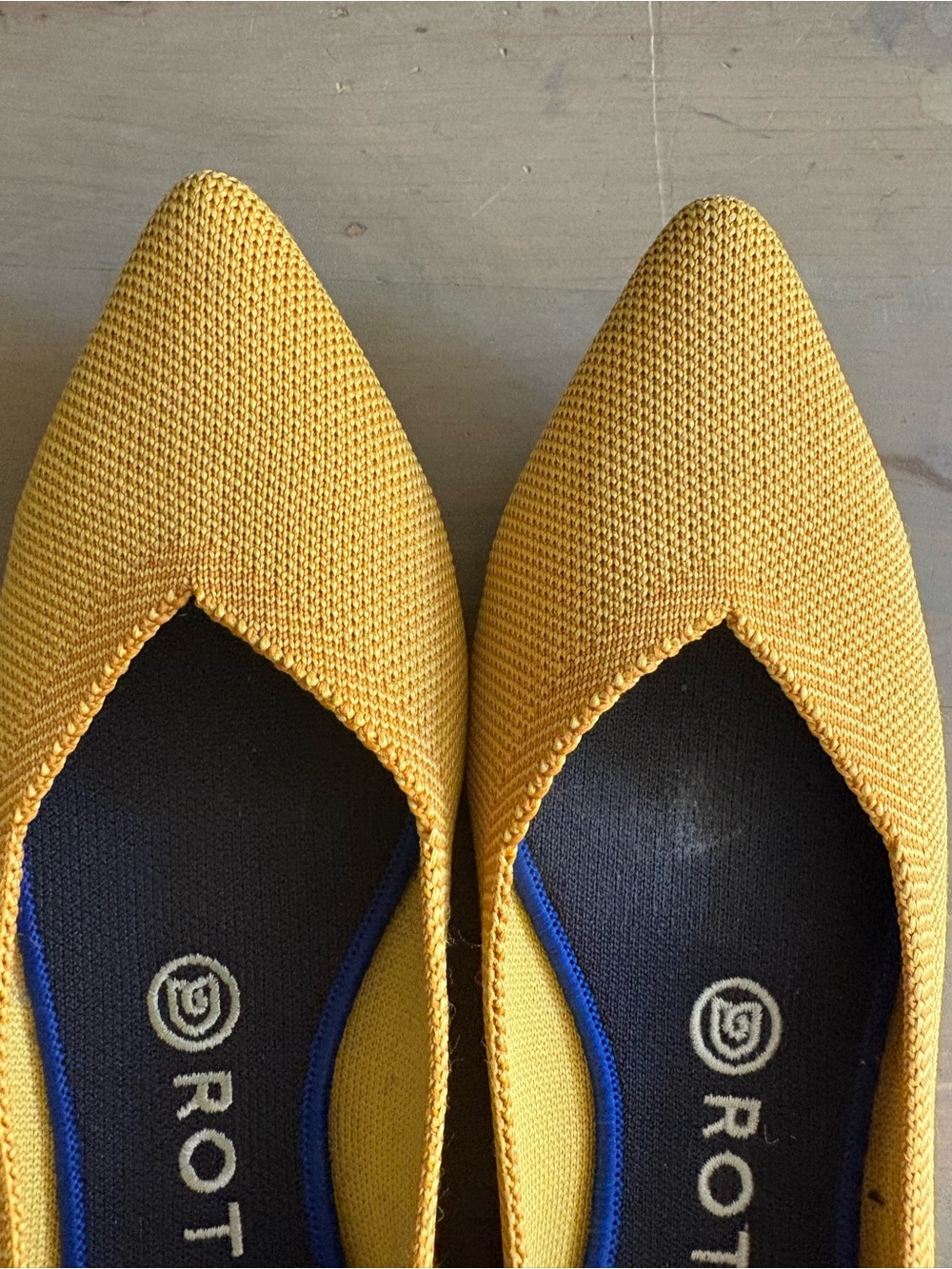 Rothy's Yellow Pointed Toe Knit Flats with Blue Trim - Picture 3 of 7